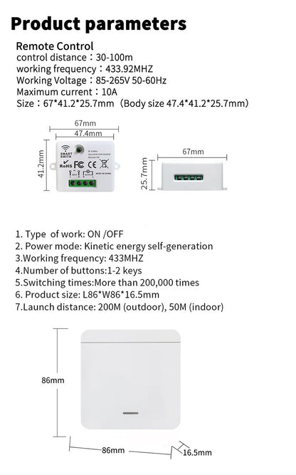 Wireless Smart Switch Light 433MHz 1/2/3Gang 86 Wall Panel Switch with Remote Control Interruptor 10A 110V 220V For LED Lamp