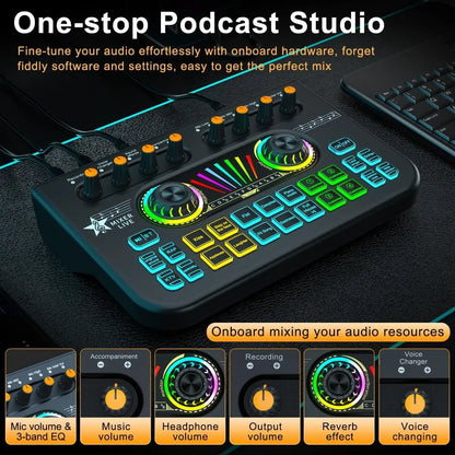 Gaming Audio Mixer,Streaming Mixer with Audio Interface BT Sound Board Voice Changer Sound Card,for PC Phone Live Streaming