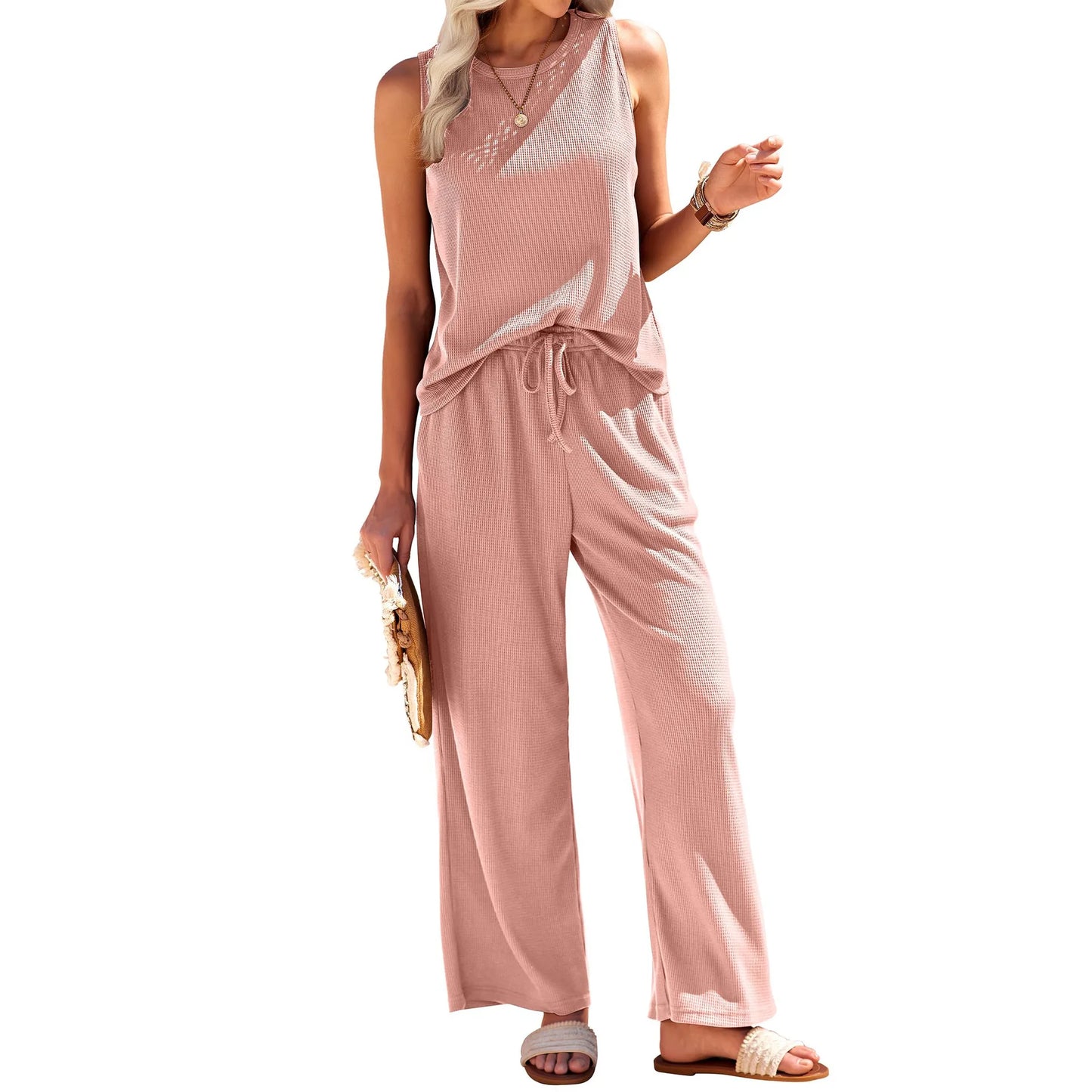 Women's Home Wear Suits Spring and Autumn Vest Top Trousers Two-piece Suit Waffle Pajamas Two-piece Suit