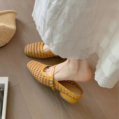 Fashionable slippers, women's hollow toe half-slippers, 2025 summer new square-toed low-heel comfortable women's shoes