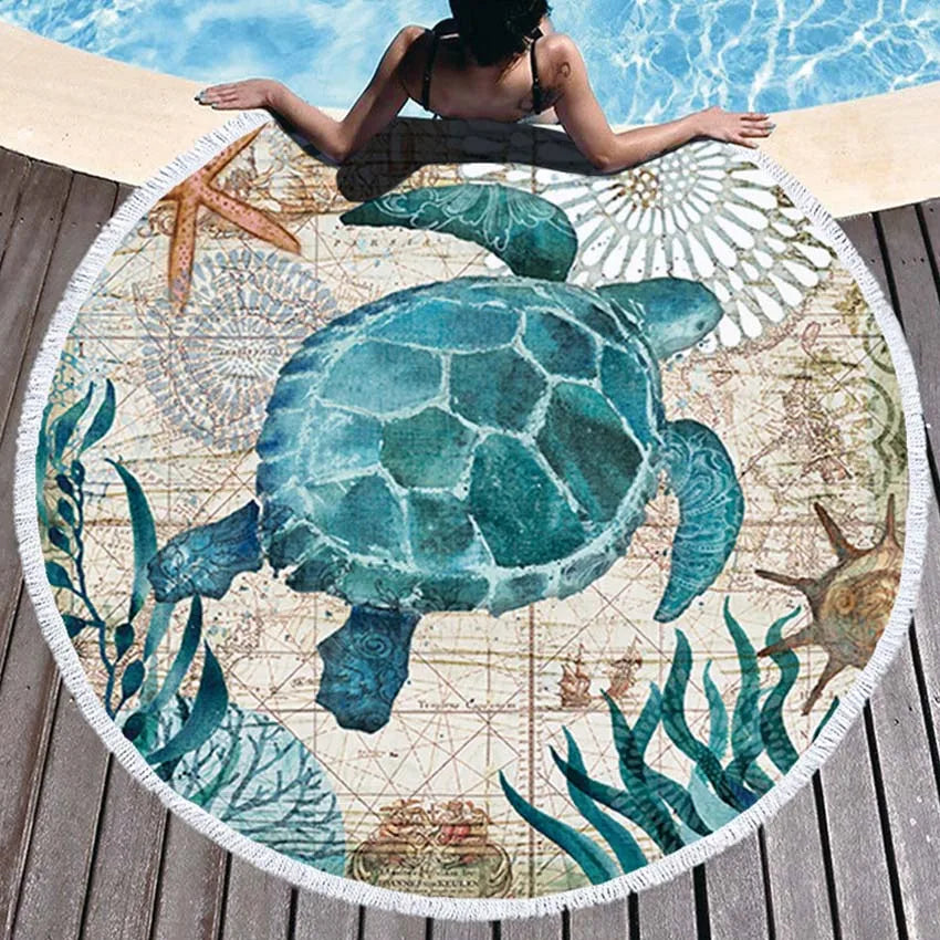 Sea Turtle Round Beach Towel Undersea World Thick Shower Bath Towels Microfiber Summer Swim Circle Yoga Mat With Tassels
