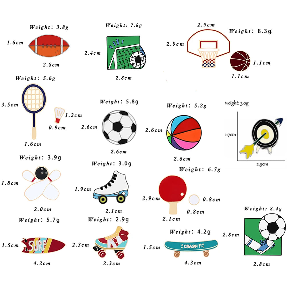 All Love Sports!Healthy Lifestyle Enamel Pins Rugby Basketball Soccer Bowling Brooches Roller Skates Badge Shirt Hat Bag Jewelry