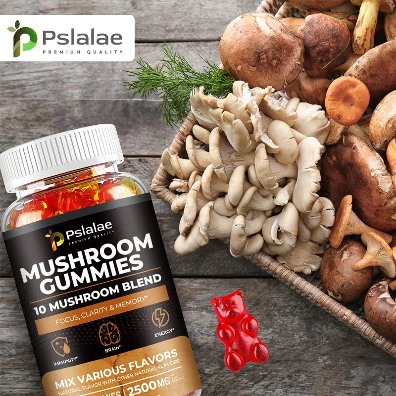 Mushroom Gummies - 10 Mushroom Blend, Nootropic Brain Booster for Focus, Memory, Clarity and Energy