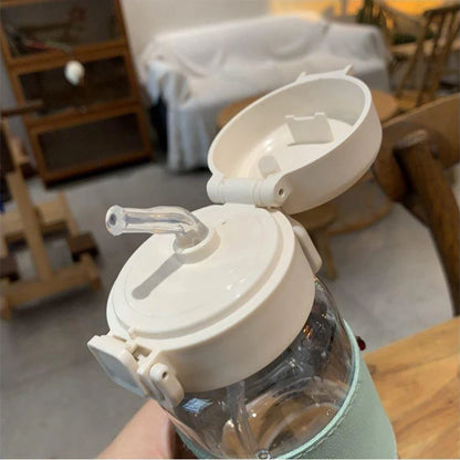 500Ml Portable Plastic Water Bottles with Straw Anti-scalding Leather Case Non-leaking Cute Bottle Outdoor Drinkware