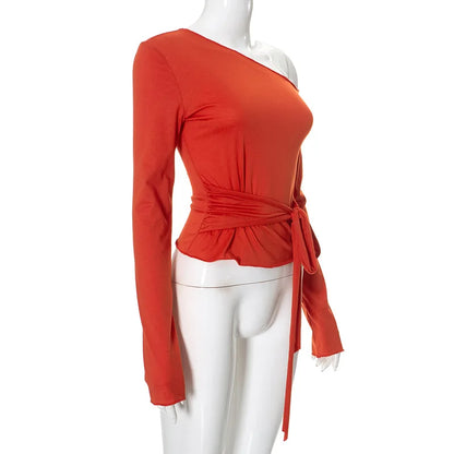 One Shoulder T Shirts For Women Aesthetic Clothes Sashes Crop Top Y2k Accessories Long Sleeve Lady Tshirt Ropa Mujer Camisetas