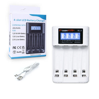 POWERKAN ALL4 AA/AAA 4-slot Small Convenient Battery Charger for 1.2V  Hi-MH& 1.5V/3.7VLi-ion With LCD Screen