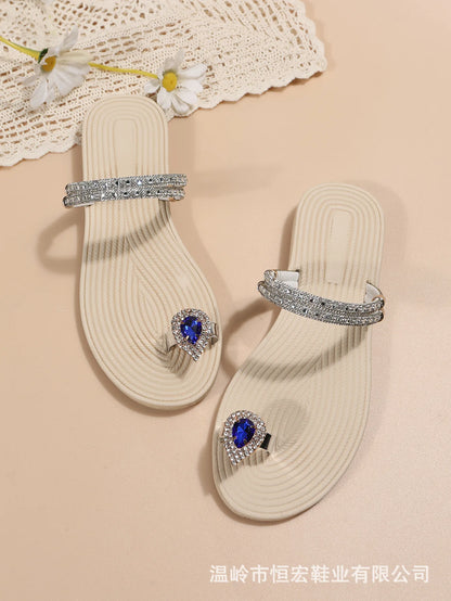 Flip-flops women 2024 summer new two-wear beach sandals European and American rhinestones soft soles flat slippers