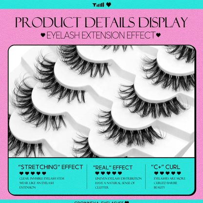 GROINNEYA Lashes 5/7 Pairs Wispy Mink Lashes Invisible Band Eyeashes Look Like Extensions Strip Lashes Natural Look Soft Fluffy