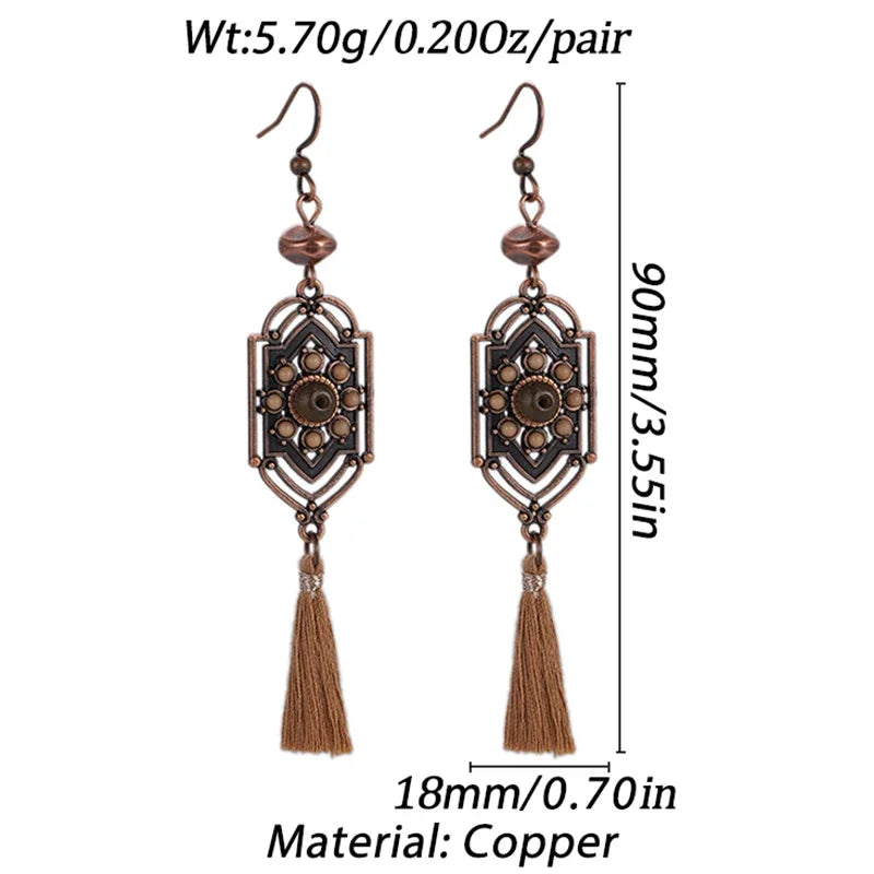 Bohemian Brown Geometric Fringe Earrings for Women Vintage Hollow Flower Beads Tassel Earrings Girls Party Jewelry Gifts