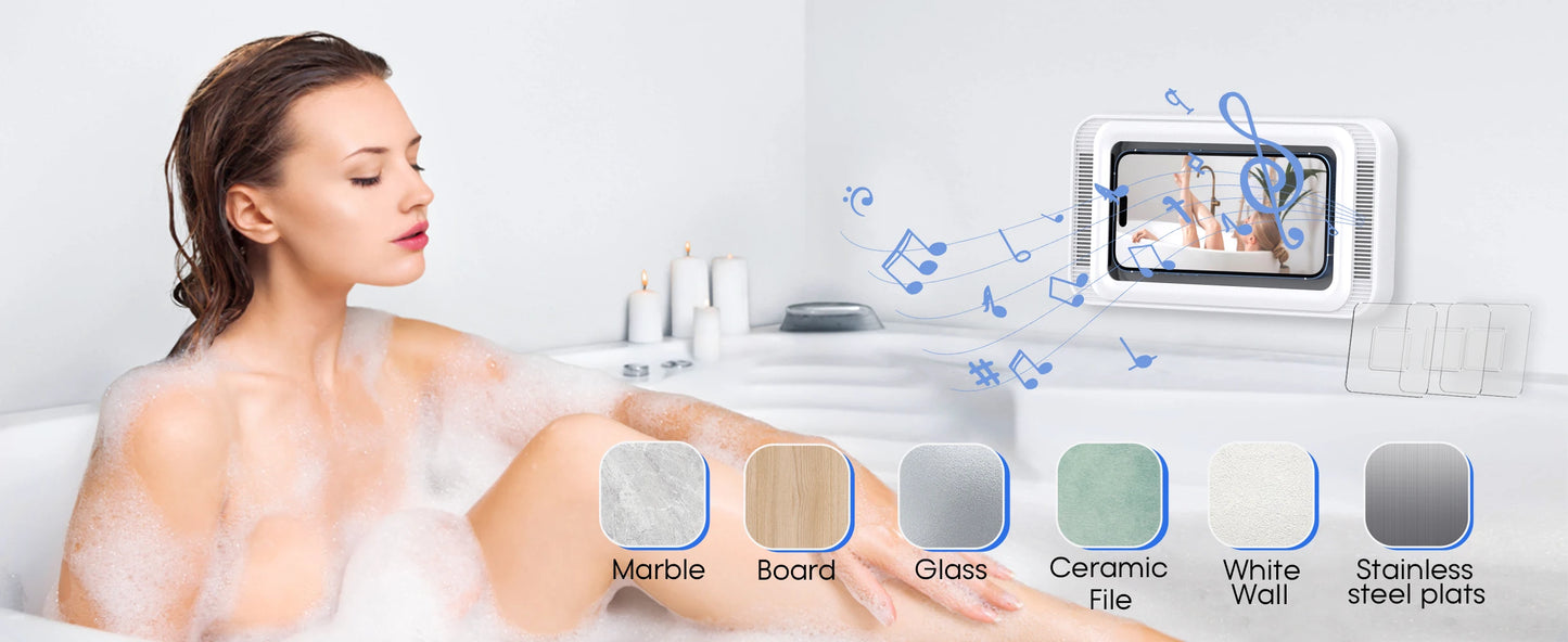Shower Phone Holder with Speaker  480 Rotation, Wall Phone Mount for Shower Waterproof Anti Fog Shower Case for 4-7" Phones