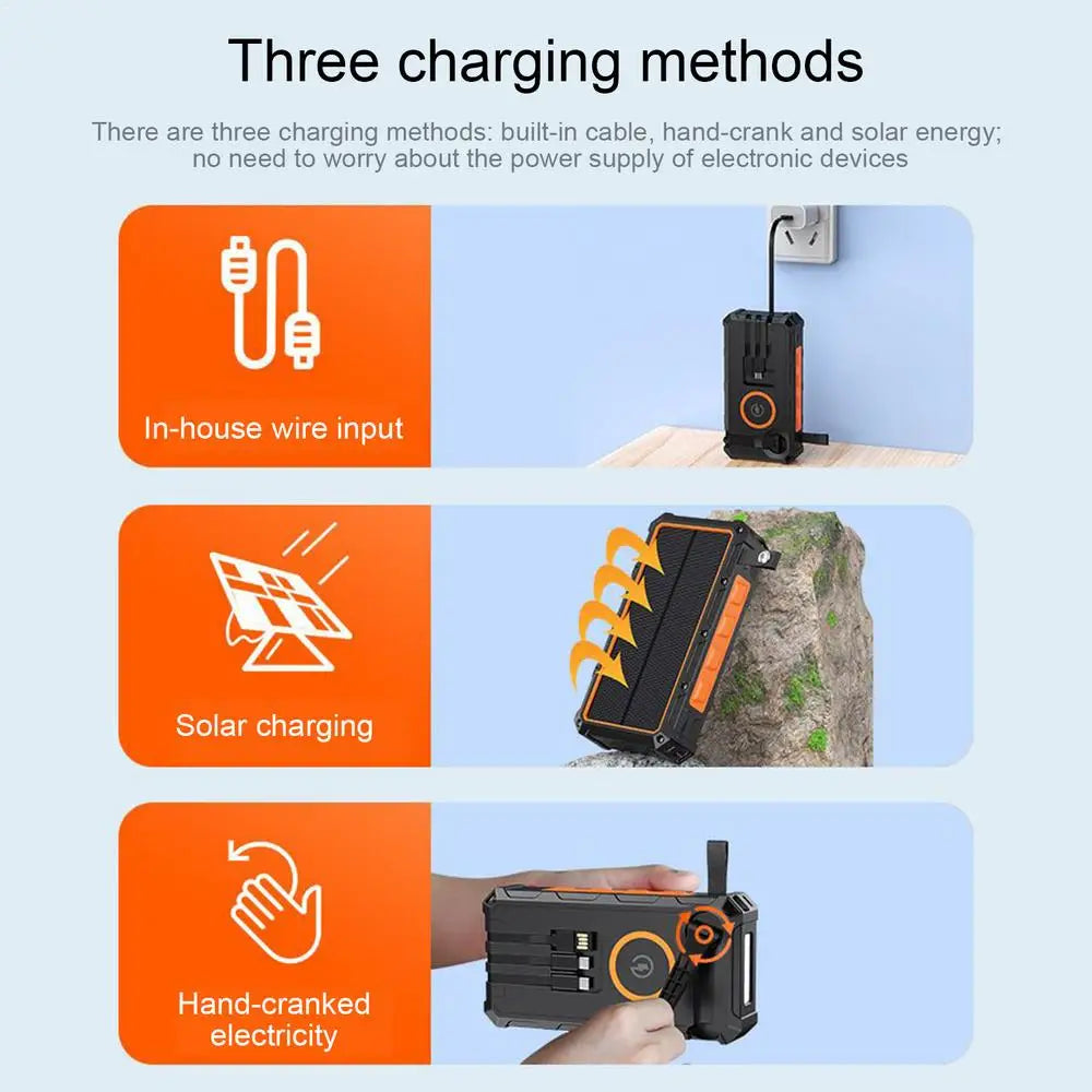 Solar Power Bank Hand-Cranked Battery Bank Charger With LED Light Foldable Powerbank Built-In SOS Alarm Function And Compass For