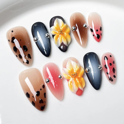 10pcs Handmade Press On Nails Black Pink French Style False Nails With Hand Painted 3D Flower Designs Short T Summer Nails Tips
