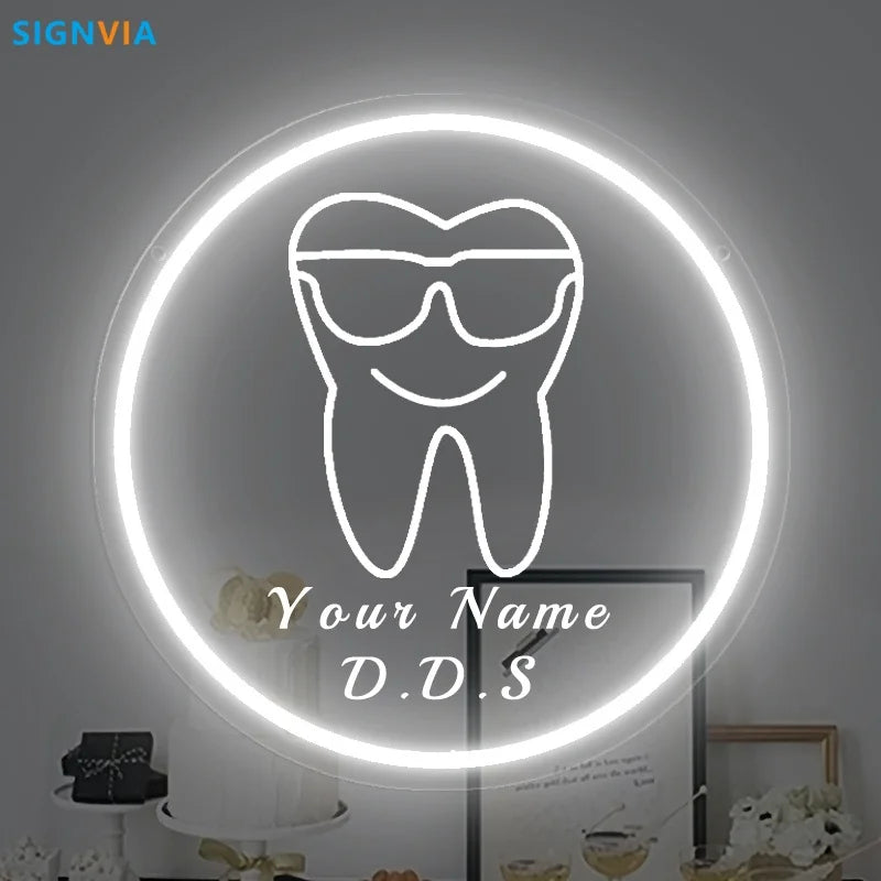 Custom Neon LED Tooth Sign with Glasses USB-Powered Wall Decor for Dental Parties Personalized Name White Light Circular Decor