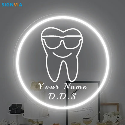 Custom Neon LED Tooth Sign with Glasses USB-Powered Wall Decor for Dental Parties Personalized Name White Light Circular Decor