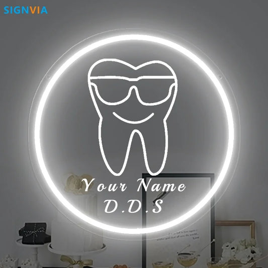 Custom Neon LED Tooth Sign with Glasses USB-Powered Wall Decor for Dental Parties Personalized Name White Light Circular Decor