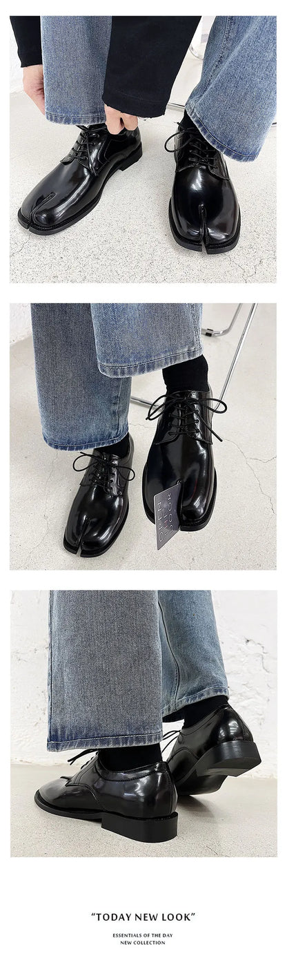 Horseshoe split toe couple leather shoes, Tabi shoes square toe cap unisex original design new Korean personality trend