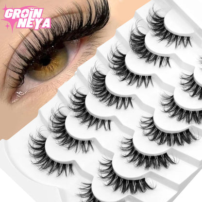 GROINNEYA Lashes 5/7 Pairs Wispy Mink Lashes Invisible Band Eyeashes Look Like Extensions Strip Lashes Natural Look Soft Fluffy