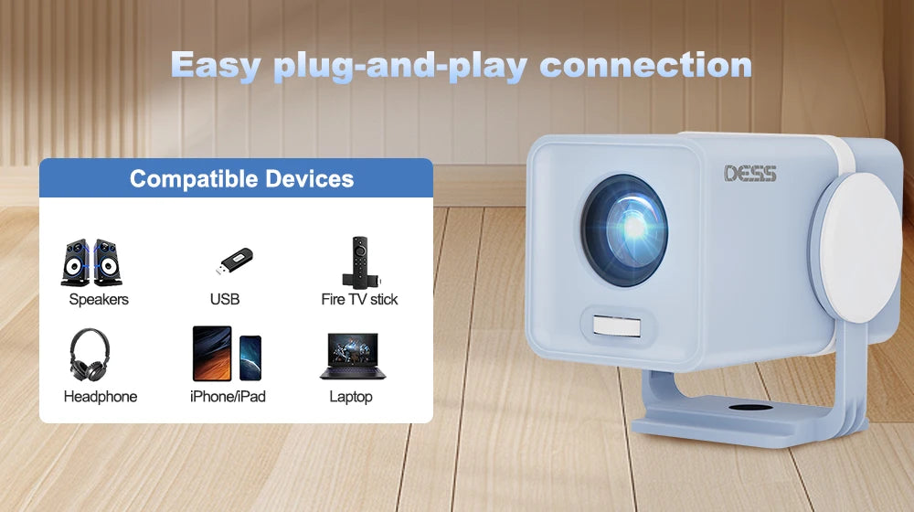 DESS Portable Dual-Band WiFi6 Bluetooth 5.0 Android 13 Smart Projector Suitable for Home Theater Video Power Bank Power Supply