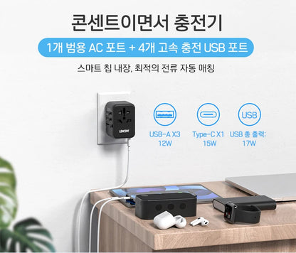 LENCENT Universal Travel Adapter with 3 USB Ports 1Type-C PD Charging All-in-one Travel Adapter EU/UK/USA/AUS Plug for Travel