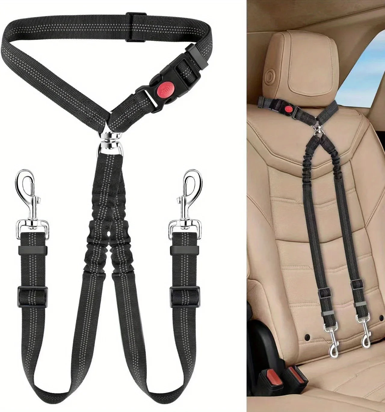 Double Dog Car Harness Safety Seatbelt Adjustable Pet Travel Restraint for 2 Dogs Heavy Duty Crash Tested Elastic Splitter Headr