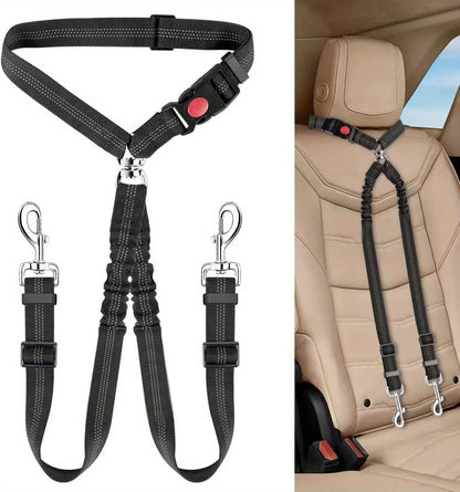 Double Dog Car Harness Safety Seatbelt Adjustable Pet Travel Restraint for 2 Dogs Heavy Duty Crash Tested Elastic Splitter Headr