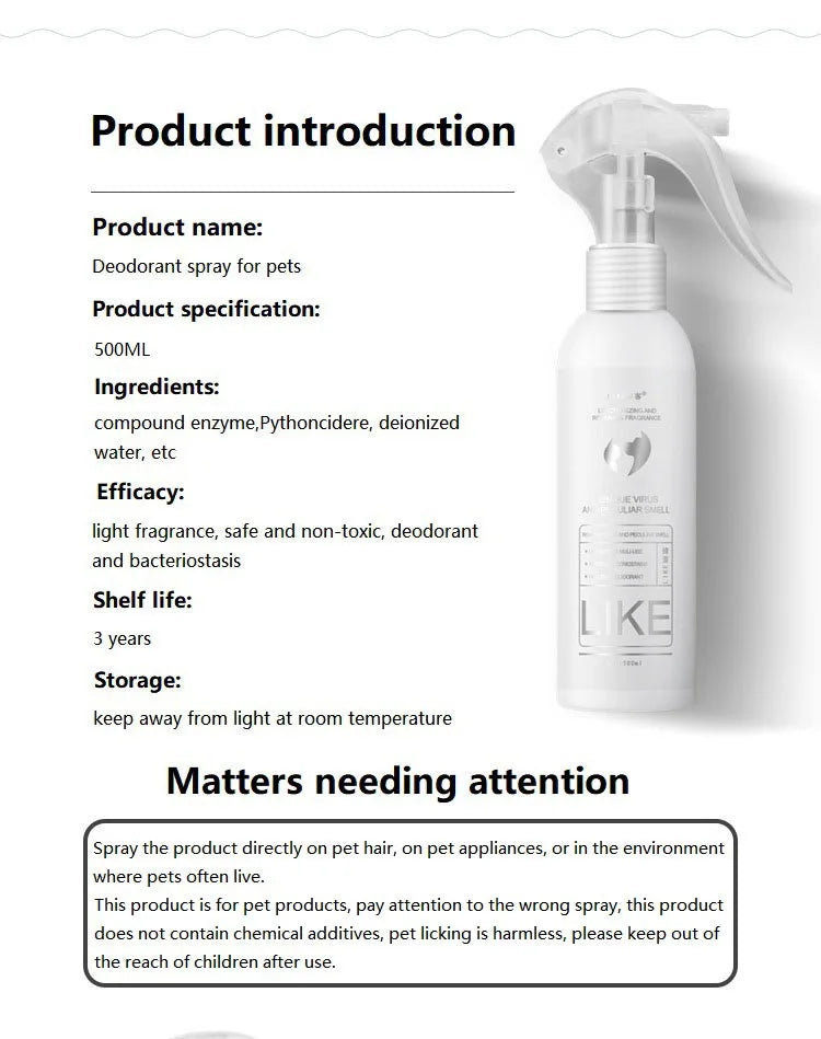 Natural Scented Pet Spray, Fresh Dog, Cat Body Perfume, Scent Deodorant, Remove Odor, Deodorant, Safety, 500ml