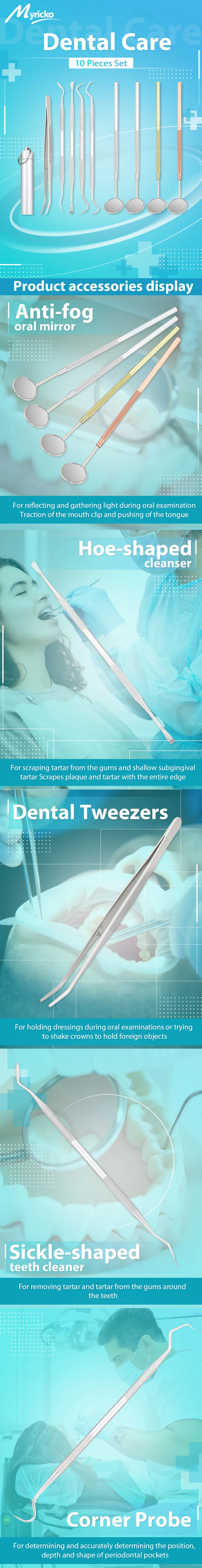 Dental Mirror Stainless Steel Dental Instrument Dentist Tool Set Probe Tooth Care Kit Tweezer Hoe Sickle Scaler