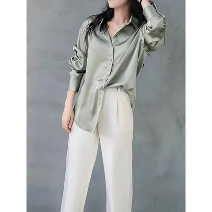 Fashion Casual Office Lady Silk Blouses Autumn Long Sleeve Button Up Shirt Women Elegant Winter Tops  Office Lady Acetate Blouse