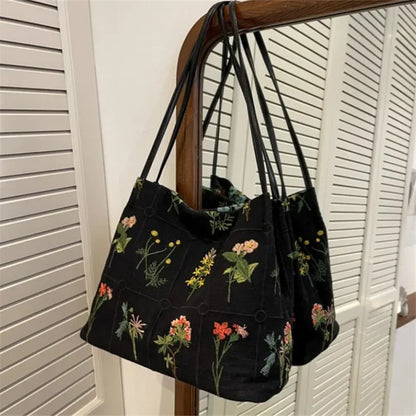 Street Trend Embroidered Totes Bags for Women Large Capacity Canvas Handbag Shoulder Bag Female Commuting Bucket Bag