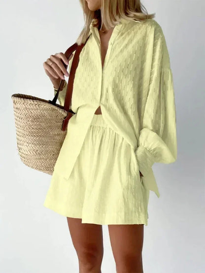 Casual Loose Women Short Two Piece Set Suit Fashion Blouse Long Sleeve Shirt Lady Simple Style Shorts Streetwear Blouse Tops