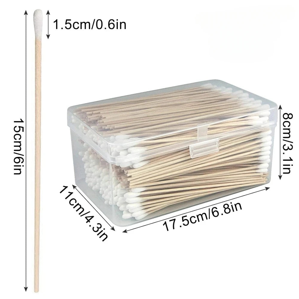 100/300PCS 6 Inch Precision Tips Cotton Swabs - Long Wooden Stick Cotton Buds Pointed Cotton Swabs With Case - Cotton
