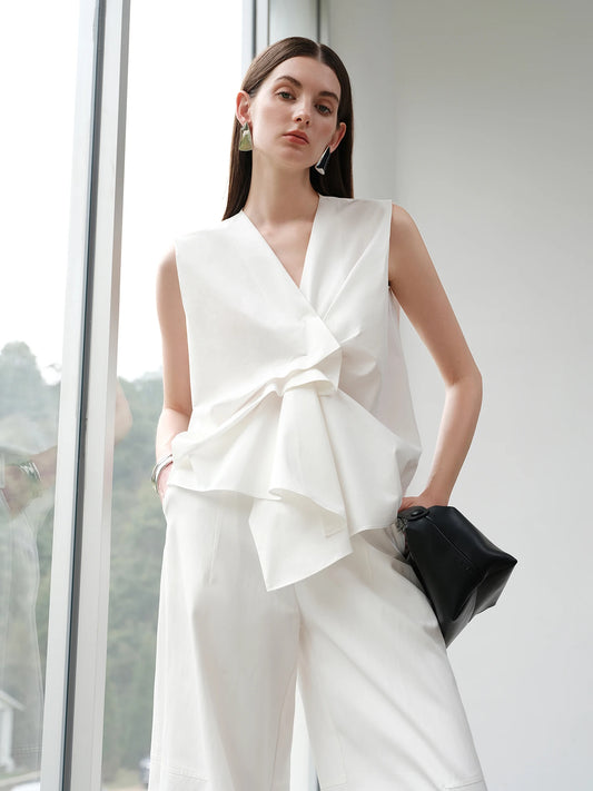 FSLE【Premium Series】2025 Summer Women's Textured Sleeveless Blouse - Crinkle Weave & Relaxed Fit with Artisan Detailing