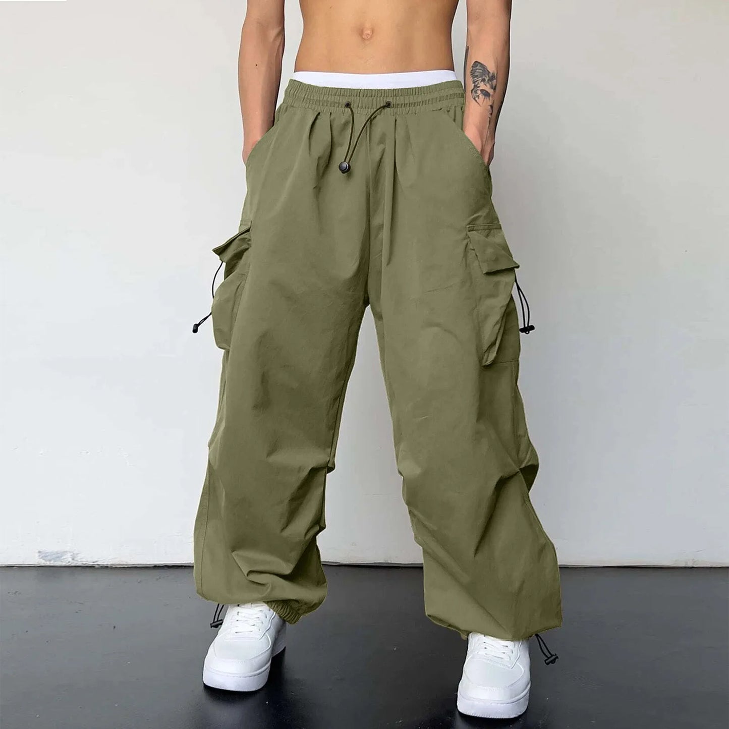 Mens Casual Sports Cargo Pants Woven Pocket Foot Rope Street Tie Solid Pants Mens Multi-Pockets Cargo Pants Pantalones Hombre