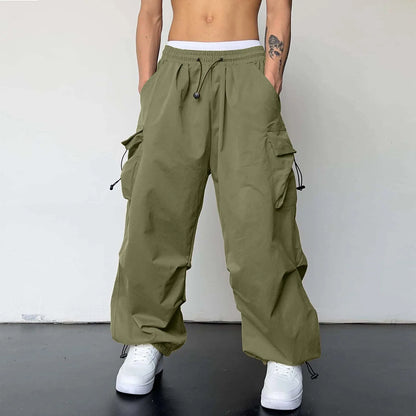 Mens Casual Sports Cargo Pants Woven Pocket Foot Rope Street Tie Solid Pants Mens Multi-Pockets Cargo Pants Pantalones Hombre