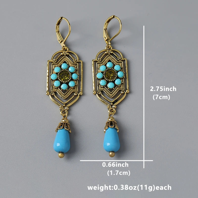 Hidden Blue Beads Teardrop Stone Earrings Gothic Women's Accessories Rectangular Metal Carved Bohemian Earrings