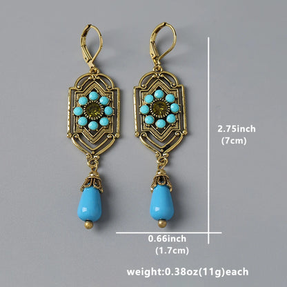 Hidden Blue Beads Teardrop Stone Earrings Gothic Women's Accessories Rectangular Metal Carved Bohemian Earrings