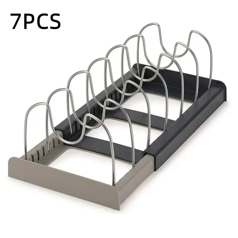 Expandable Pot and Pan Organizer Rack for Cabinet, Pan and Pot Lid Holders with 6 Adjustable Dividers for Kitchen Organization