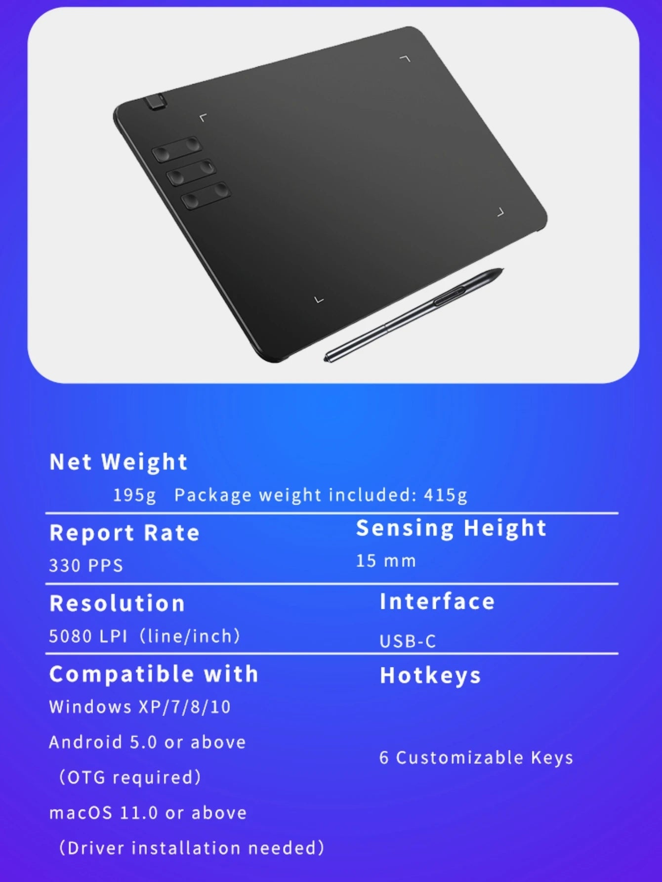 2025 Graphics Drawing Tablet Ultra-thin Art Creation Sketch Digital Tablet with Battery-free Stylus 8192 Levels Pressure