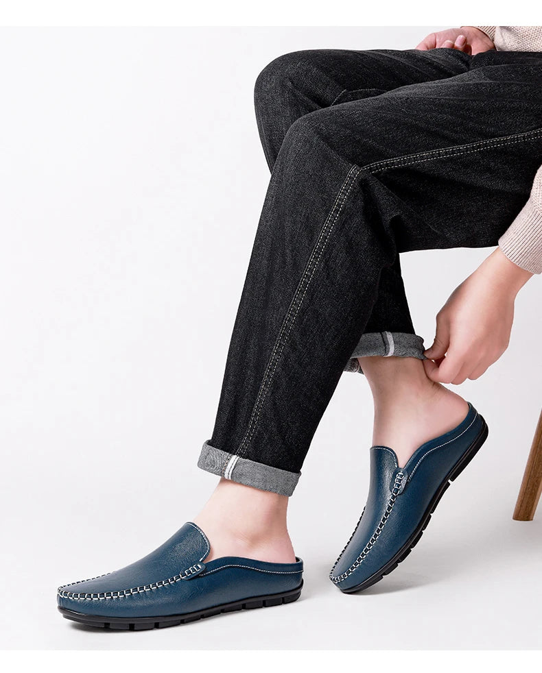 Closed Toe Half Shoes for Men Black Blue Mules Slippers Slip on Genuine Cowhide Leather Luxury Flat Sandals Man Summer 2025