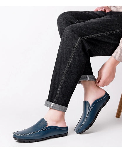 Closed Toe Half Shoes for Men Black Blue Mules Slippers Slip on Genuine Cowhide Leather Luxury Flat Sandals Man Summer 2025