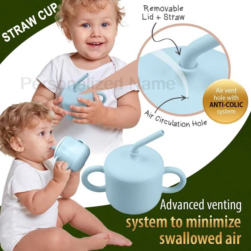 Food Grade Silicone Baby Feeding Cups Personalized Name Children Learn Drinking Cups Sippy Cups Kids Toddlers Straw Water Bottle