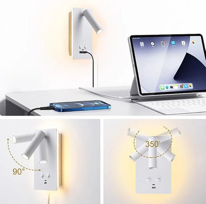 Indoor bedside wall lamp, with front and rear lighting modes, equipped with switch and USB C-type