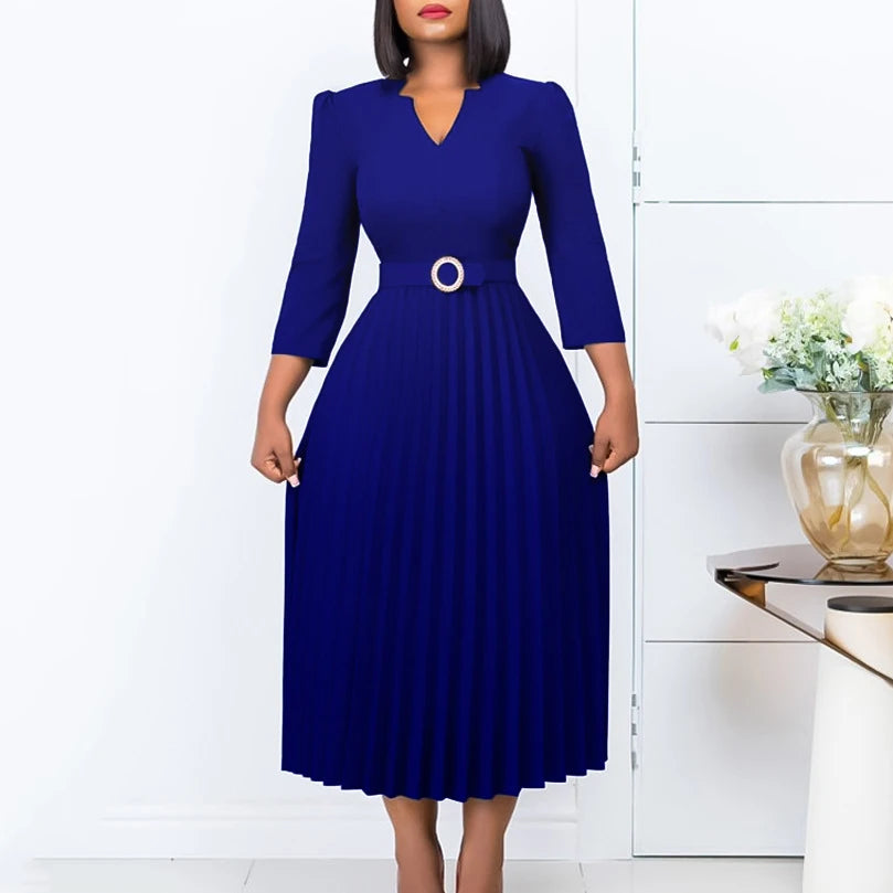 Office Dresses for Women V Neck Full Sleeve Belt Waisted Pleated Mid Calf Elegant Female Business Work Wear Dress Midi Cloth New