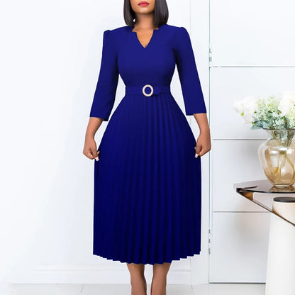Office Dresses for Women V Neck Full Sleeve Belt Waisted Pleated Mid Calf Elegant Female Business Work Wear Dress Midi Cloth New