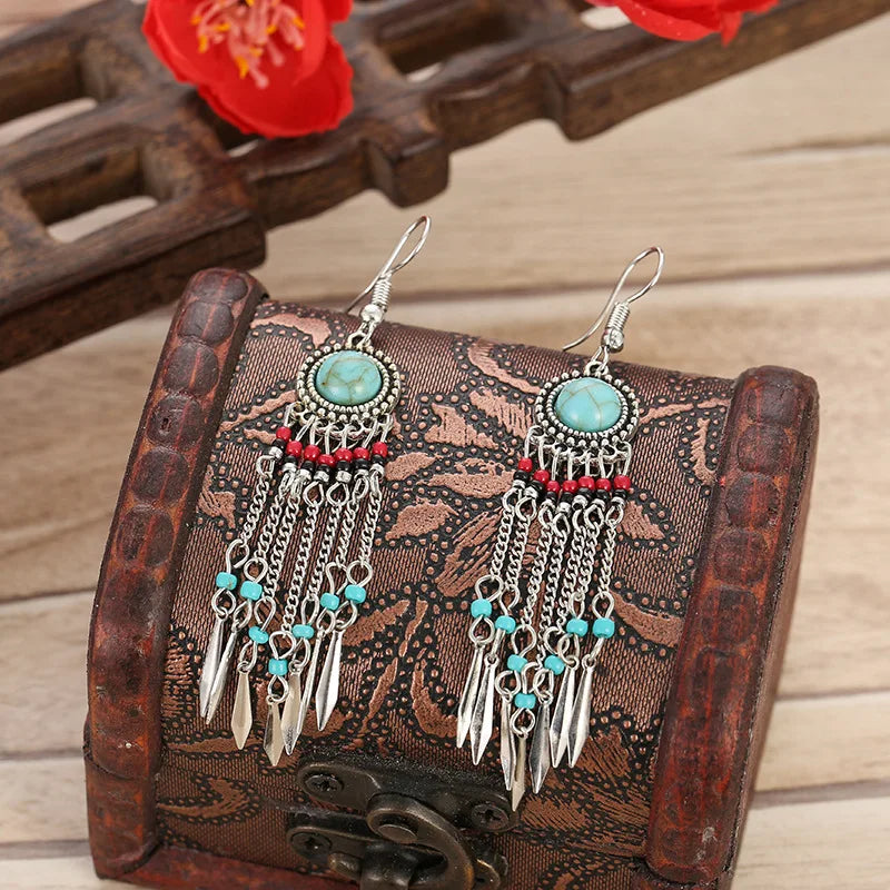 Bohemian Long Tassel Earrings For Women Handmade Jewelry Beads Chain Drop Earrings Big Round Resin Stone Dangle Ethnic Earrings