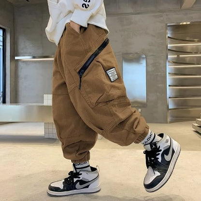 Boys Spring Autumn Children's Clothing Cargo Pants Children's Casual Large Size Sweatpants Boys Fashion Fake Zippers Cargo Pants