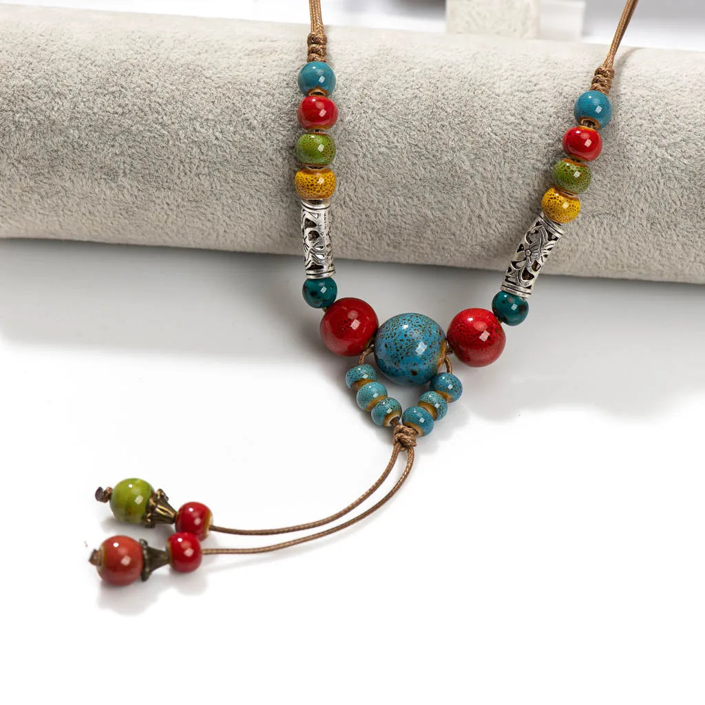 Ceramic Harmony Necklace – Artisan Bohemian Ethnic Turquoise Inlay Multicolor Adjustable Leather Cord Handcrafted X865