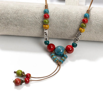 Ceramic Harmony Necklace – Artisan Bohemian Ethnic Turquoise Inlay Multicolor Adjustable Leather Cord Handcrafted X865