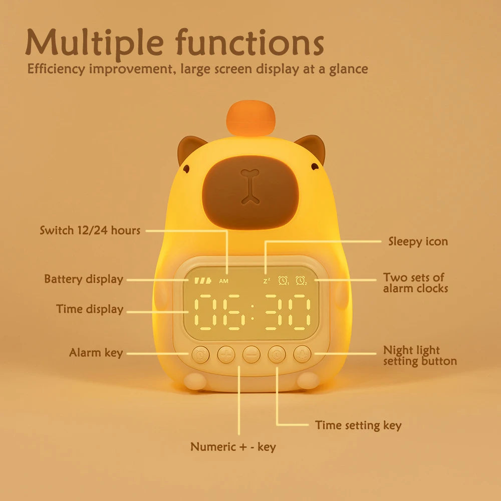 Cute Capybara Clock LED Digital Alarm Clock Rechargeable Table Clock Study Work Clock 12/24H Bedside Clock with Night Light
