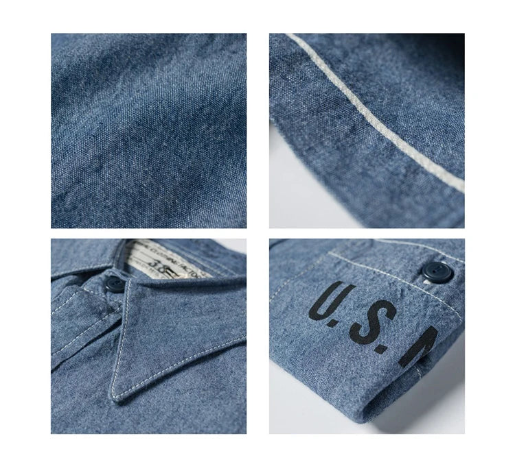 Bronson Repro USN Chambray Work Shirt Rugged Men's Selvedge Workwear Light Blue